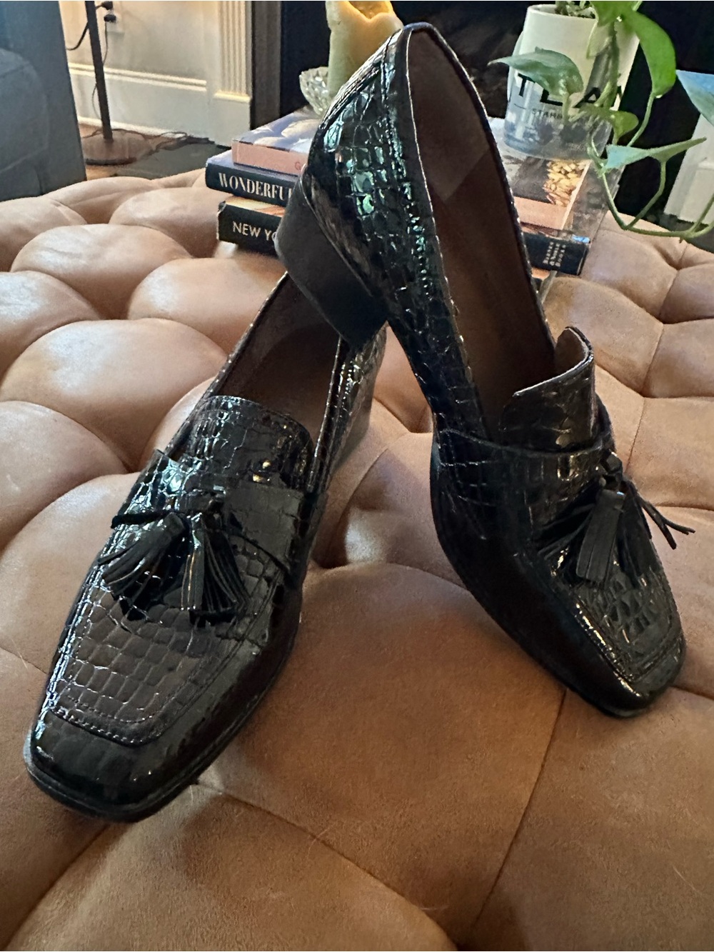 Donald J. Pliner Black Croc-Embossed Tassel Loafers